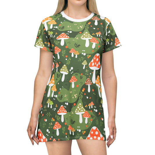 Mushroom T-Shirt Dress with Folk-Art Whimsical Pattern