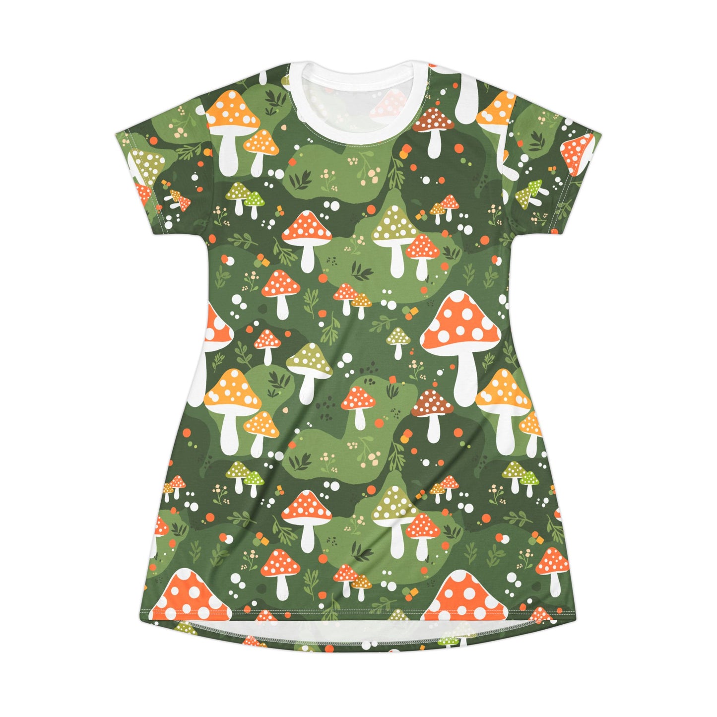 Mushroom T-Shirt Dress with Folk-Art Whimsical Pattern