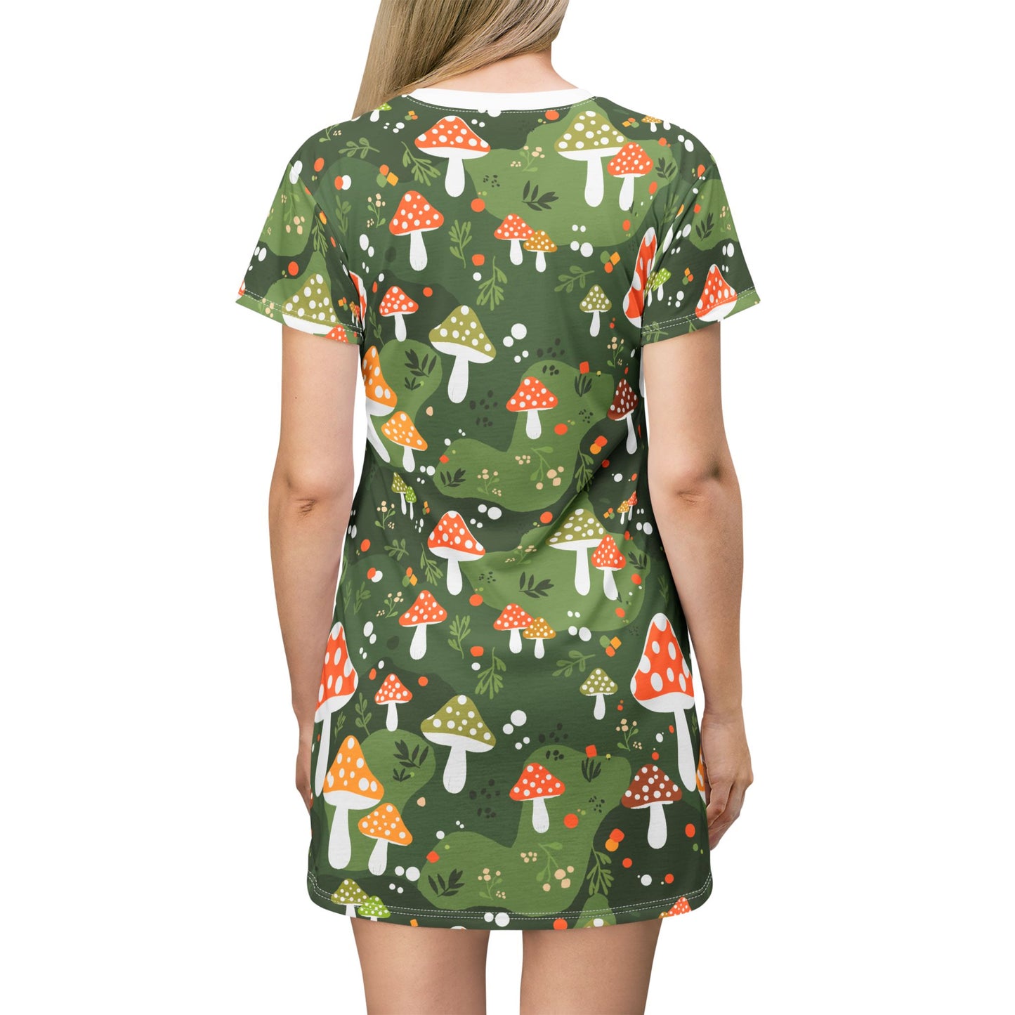 Mushroom T-Shirt Dress with Folk-Art Whimsical Pattern